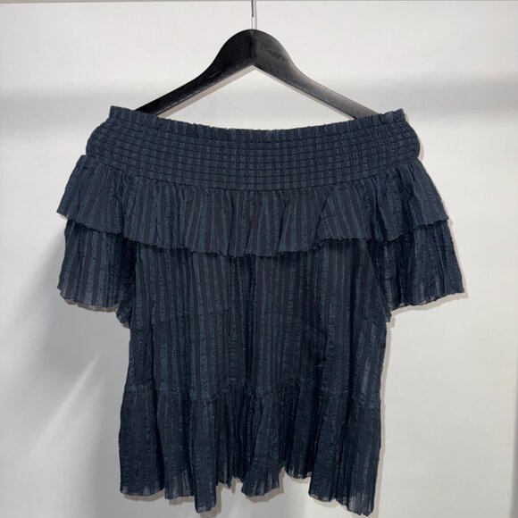 Ulla Johnson Kasia Navy Blue Smocked Off-the-Shoulder Tiered Ruffle Top - Picture 4 of 6